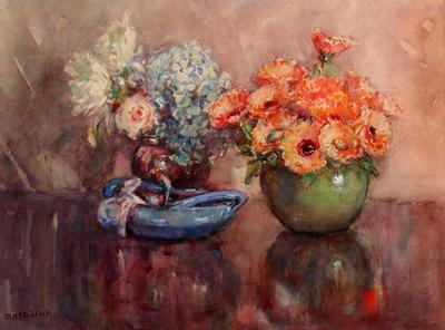 Still Life, Green and Brown Vases of Flowers