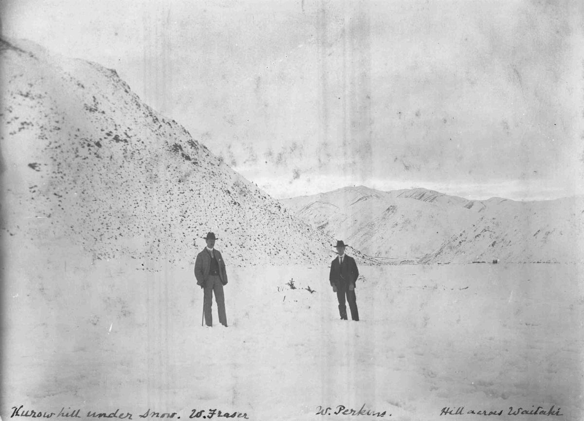 Kurow Hill under snow. W. Fraser, left, and W. Perkins, right Culture
